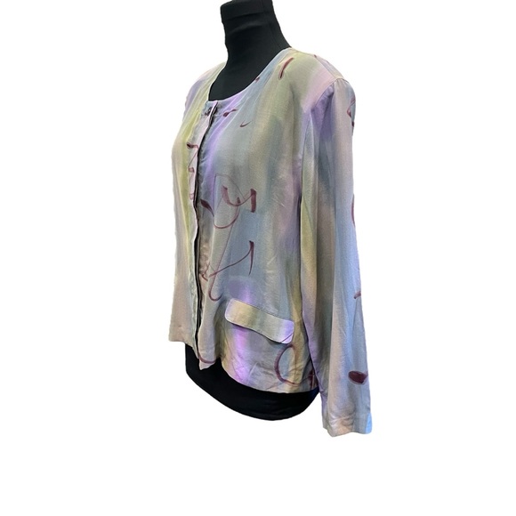 VTG 80s Aliki Yamani Jacket Top Sheer Silk Hidden Buttons Colorful Shoulder Pad - Picture 2 of 12